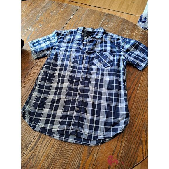 Large Hurley Short Sleeve Button Front Blue White Plaid Shirt with Pocket - Picture 1 of 3